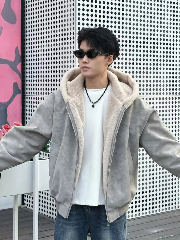 

American Sle Hooded Fce Lined Jaet Cotton Coat Men's ort Thi Warm Dyed Leather Cotton Clothes Winter Faion