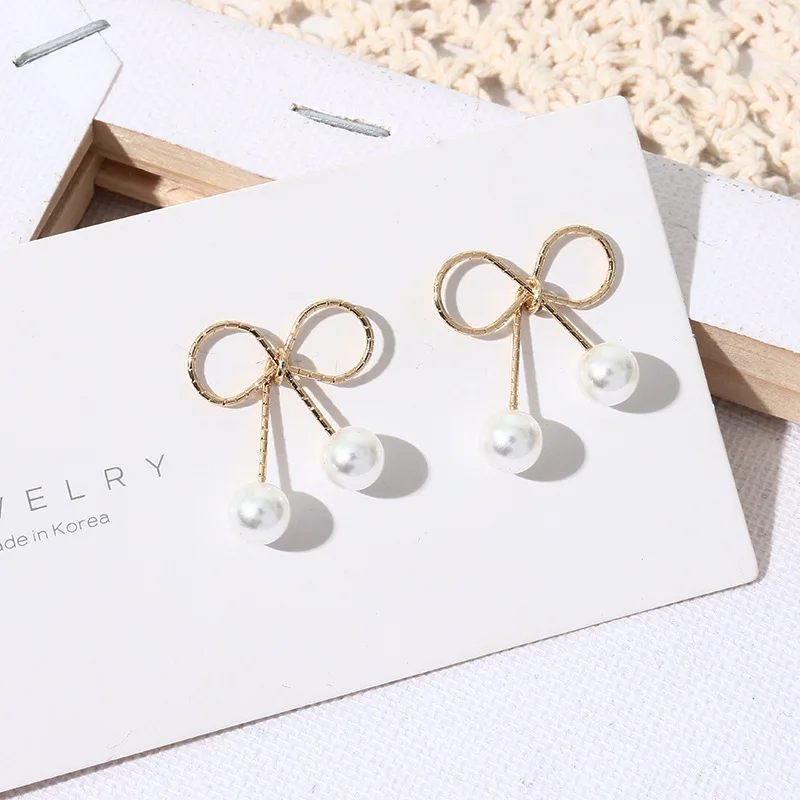 Korean Sweet Bowknot Pearl Stud Earrings Lady Cute Simple Temperament Ear Jewelry Christmas Girl Friend Gift