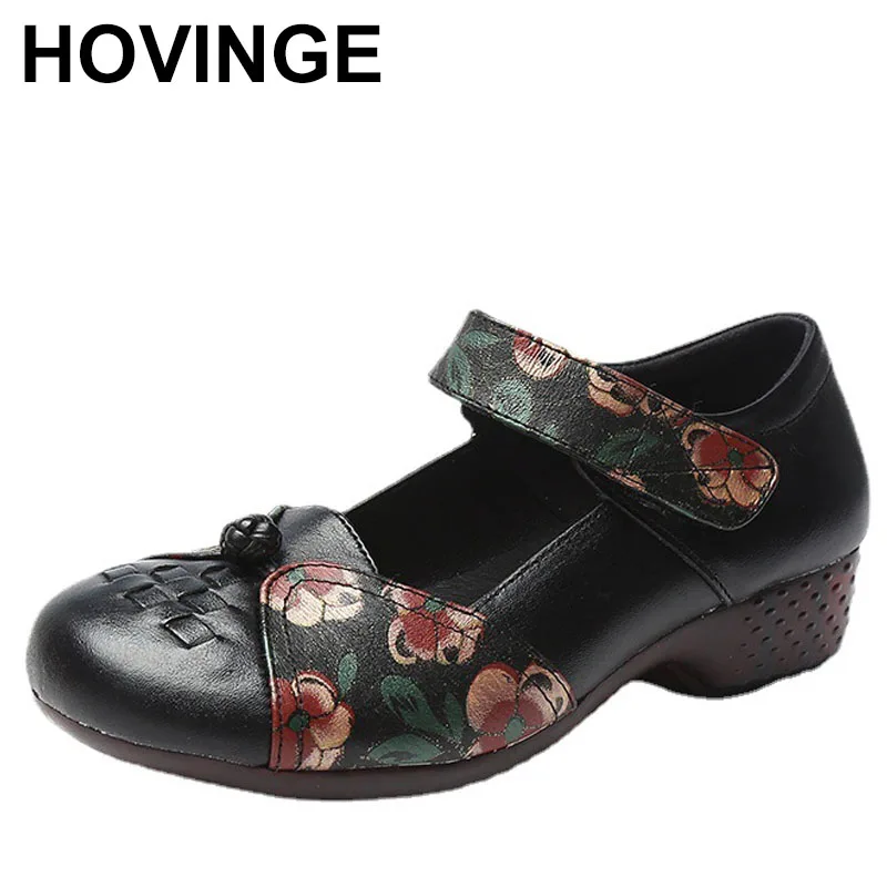 

New Spring Autumn Soft Leather Ethnic mid Heel Comfortable Dancing Single oes for Middle Aged And