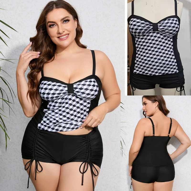 2023 New Plus Size XL-10XL Two Piece Swimwear Women Tankini Swimsuit Plaid Patchwork Swimming Suit for Women Retro Swimwear