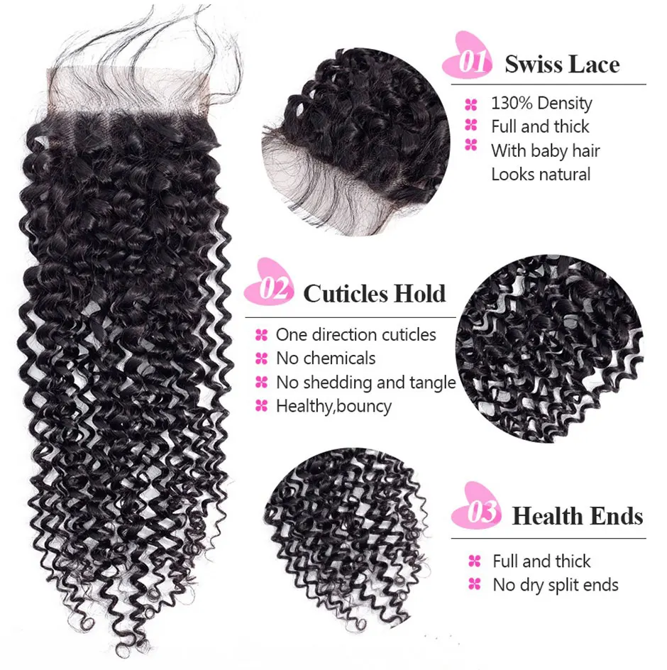 ISEE HAIR Kinky Curly Lace Closure 4*4 Free Part 100% Remy Human Hair Bundles 8-20 inch Lace Closure Nature Color