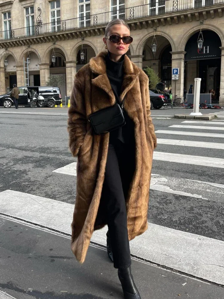 2024 Retro Brown Fluffy Faux Fur Women's Long Coat Fashion Thicken Warm Lapel Full Sleeve Overcoat Lady Winter Plush Streetwear