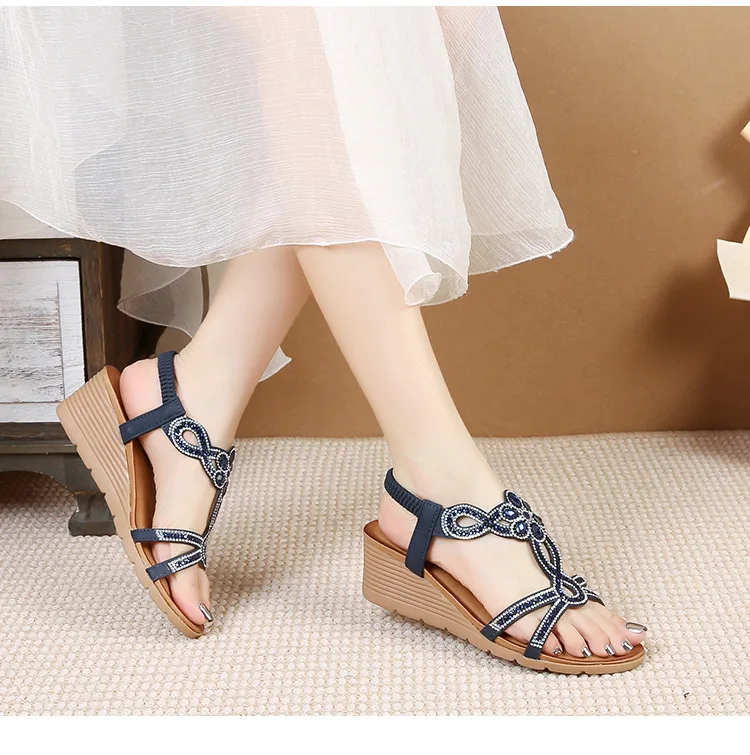 

Bohemian new fashion rhinestone sandals Korean style thick platform heel women's shoes travel leisure easy-matching
