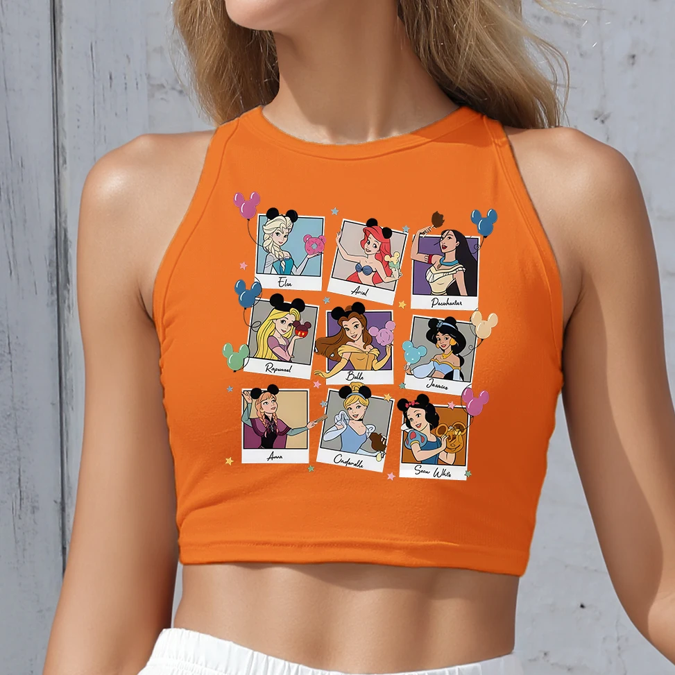 

Women's Y2K Clothes Sexy Orange Crop Top Off Shoulder Tees Ladies Fashion Disney Princess Shirts Summer Sleeveless Tank Tops