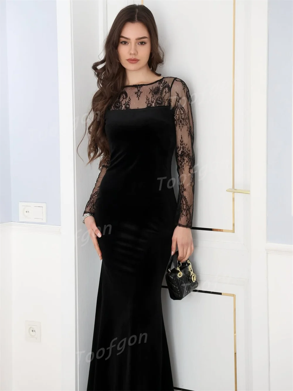 Toofgon Formal Black Lace Satin Evening Dresses Sheer Long Sleeves Mermaid Femininos Backless Prom Party Gowns Customized