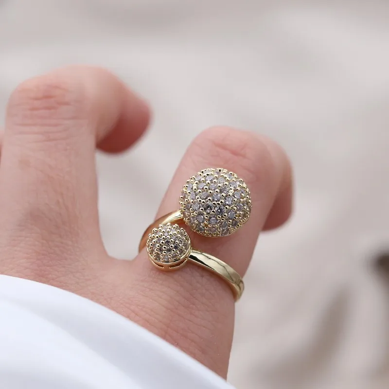 2023 Korean new design fashion jewelry 14K gold plated round close-set zircon ball ring elegant women\'s daily work accessories