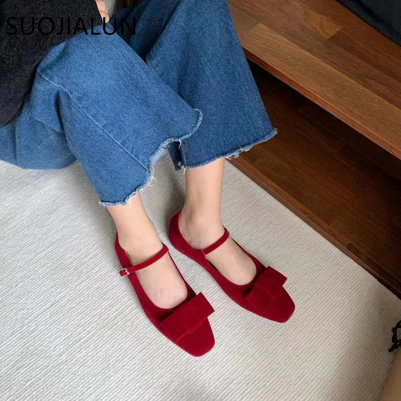 SUOJIALUN 2024 Spring New Women Flat Shoes Fashion Red Bow-knot Ladies Elegant Ballerinas Shoes Round Toe Dress Mary Jane Shoes