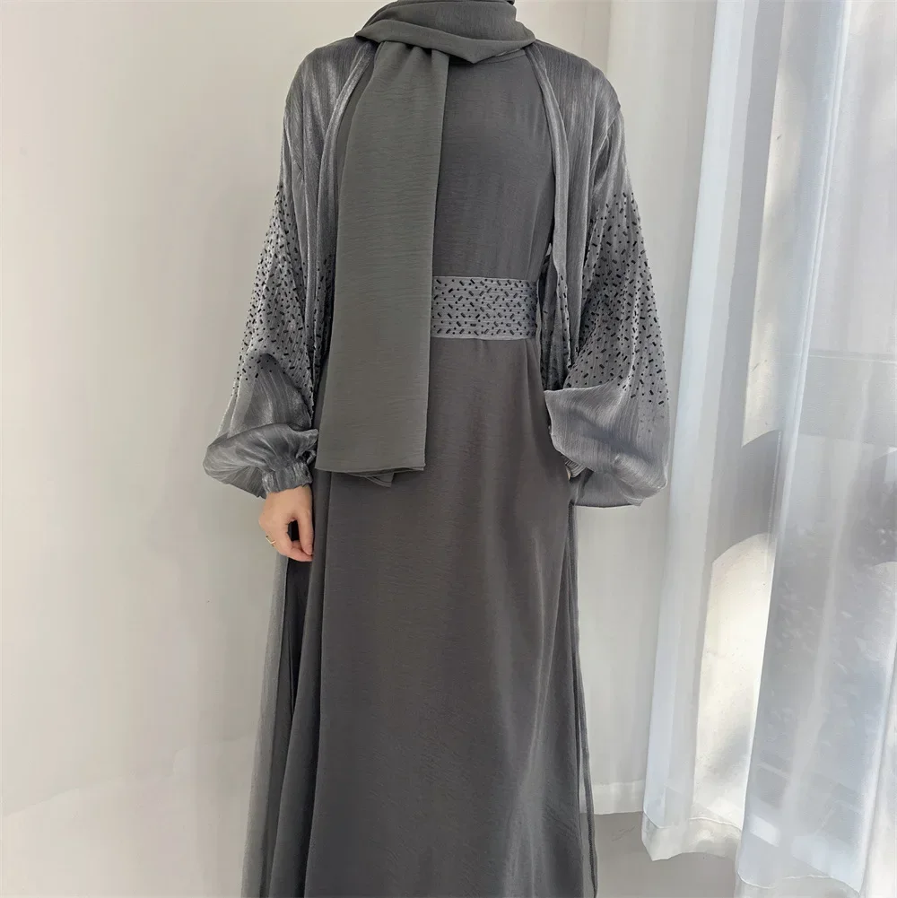 Moroccan Dubai Abaya Cardigan Loose Ramadan Muslim Femme Robe Solid Color Puffy Sleeves Arabic Dress for Women Evening Dresses