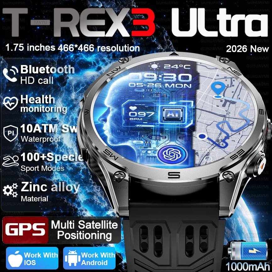 

2026 New Military Smart Watch 1000Mah Battery GPS trace Compass 10ATM Waterproof Tactics Sport Flashlight HD call SmartWatch Men