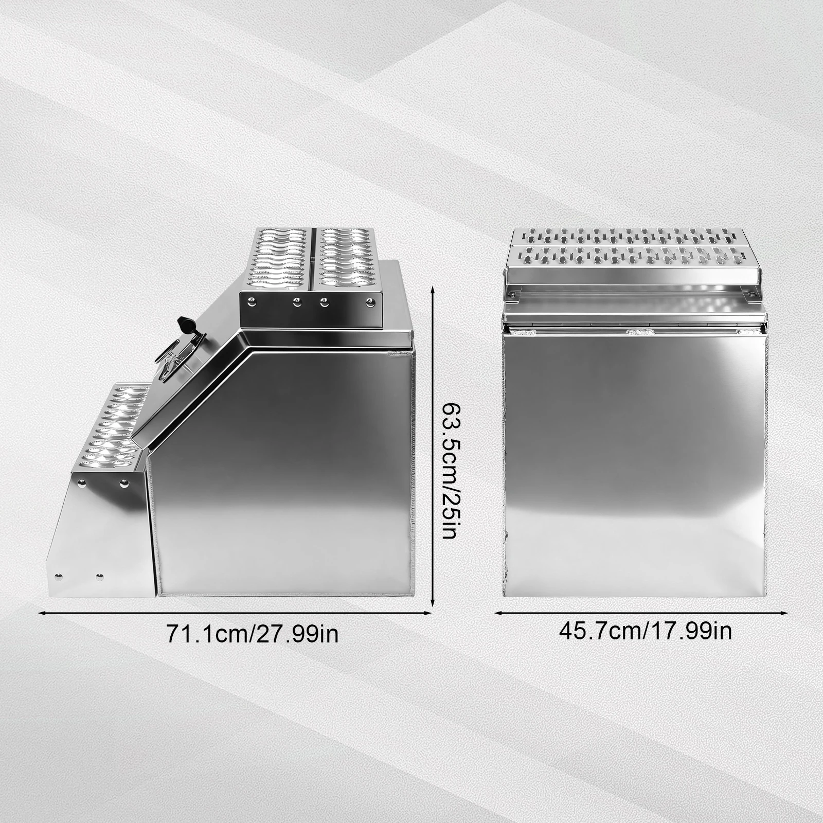 

18-дюймовый алюминиевый ящик для инструментов с боковым креплением для полугрузовика 17,99x27,99x25 дюймов Ящик для инструментов Ступенчатый ящик для инструментов для полуприцепа Рама для грузовика