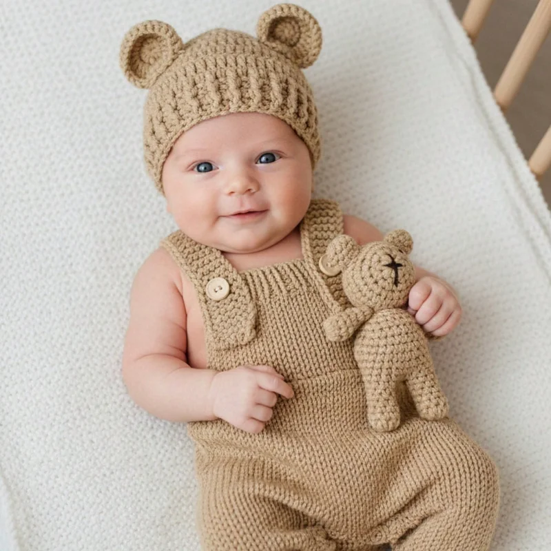 Newborn Photography Props 3pcs Set Cute Bear Costume Hand Knitted Romper Hat and Bear Doll Baby Photo Shoot Outfits