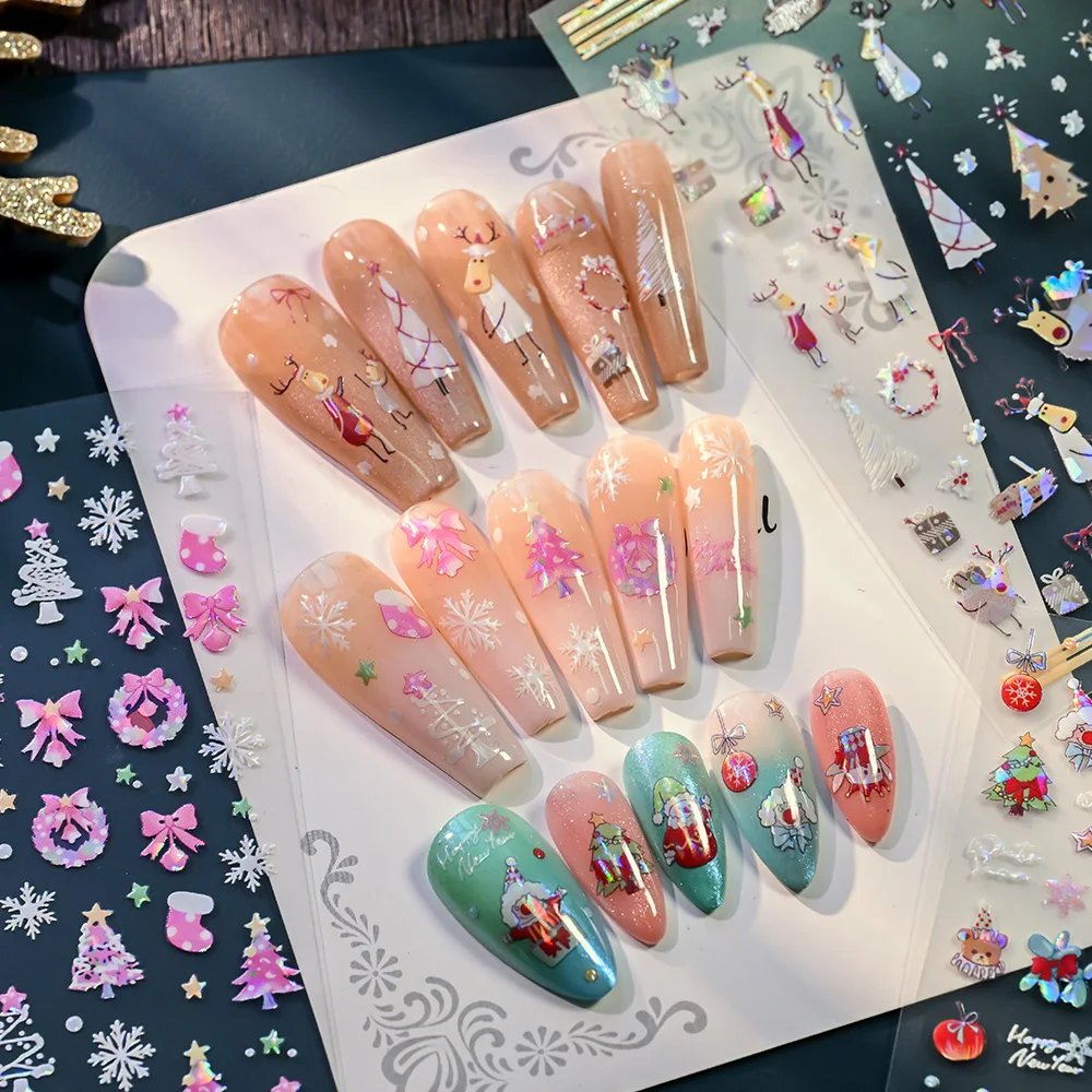 5D أورورا عيد الميلاد الكرتون سانتا كلوز/جرس/الدب مسمار ملصقات-1 قطعة Kawaiii الوردي الأحمر عيد الميلاد ندفة الثلج ملصق مائي ذاتية اللصق المنزلق