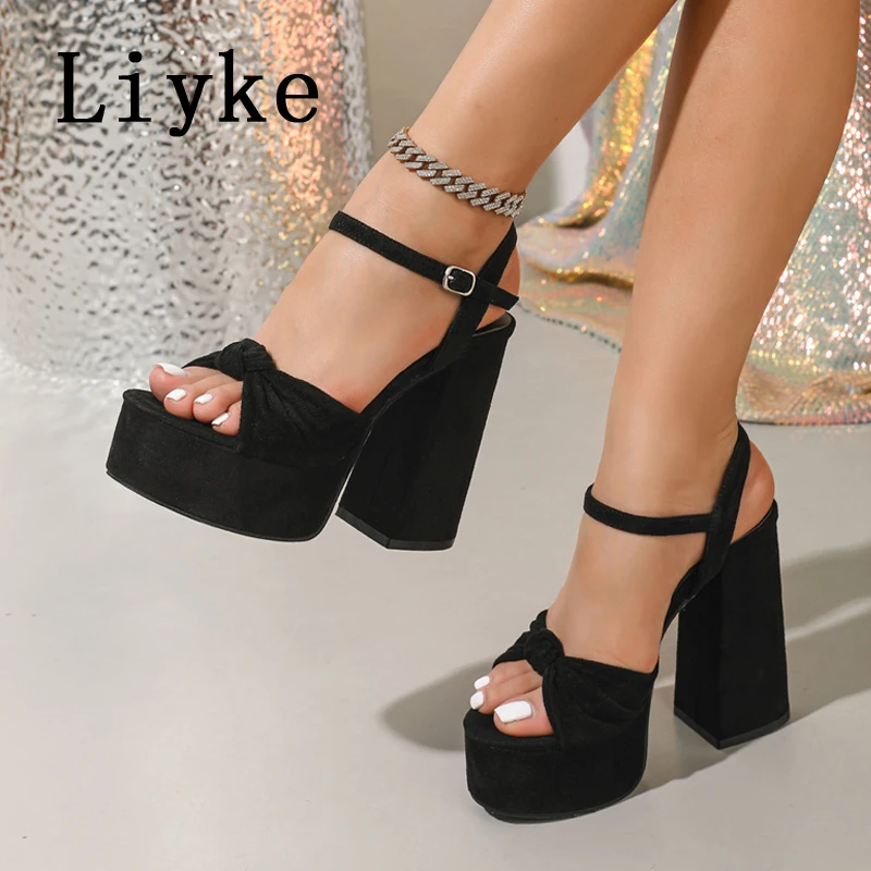 

Liyke 2026 Summer New Thick Bottom Open Toe Buckle Strap Women Chunky Sandals Platform High Heels Party Dress Shoes Size 35-42