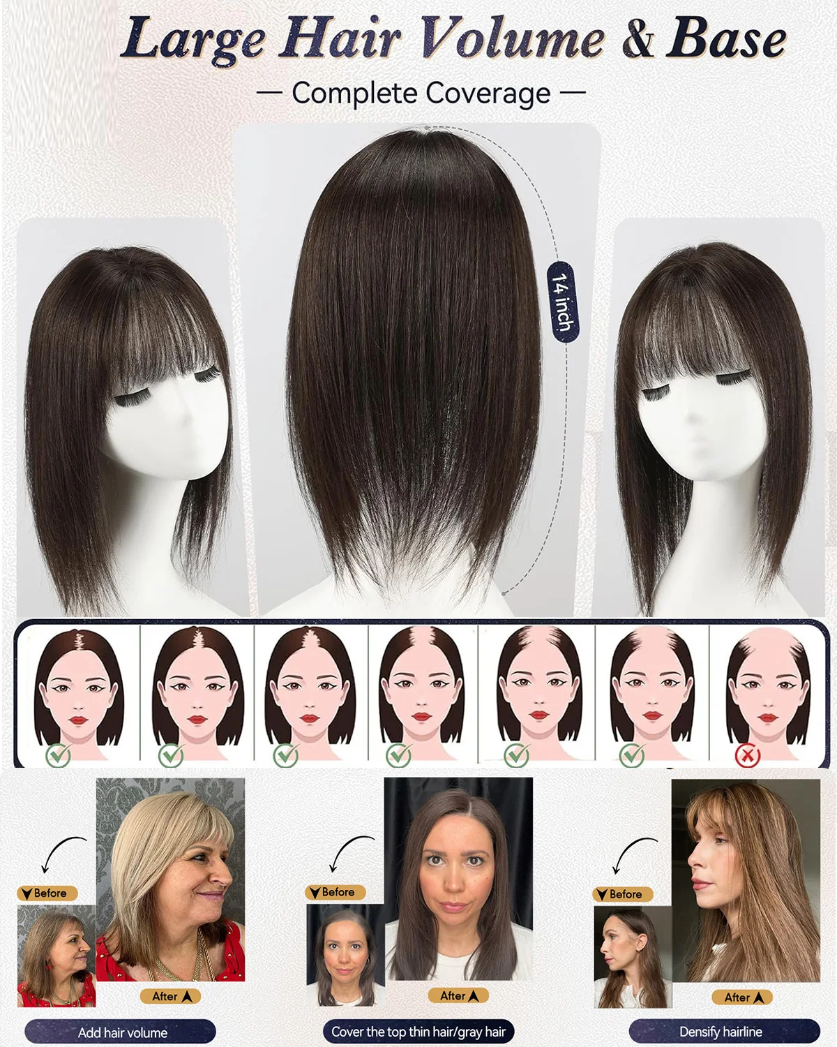 100% Real Human Hair Toppers for Women Clip in Hairpieces Breathable 5"x 6" Big Mono Base for Covering Greyish Thinning Hair