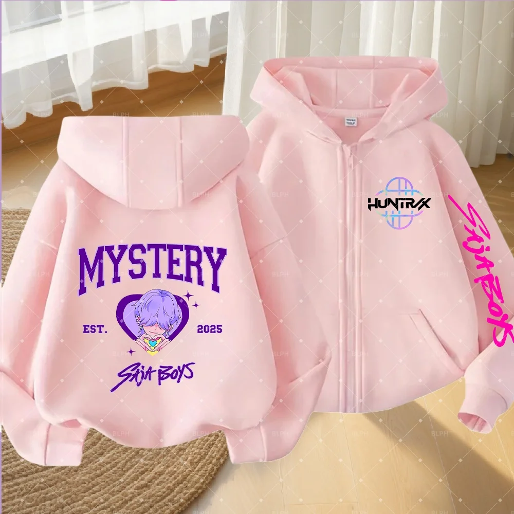 

Cute Kids Zip-Up Hoodie with "Mystery Saja Boys EST. 2025" Print, Inspired by Huntrix KPop Demon Hunters Fashion for Children