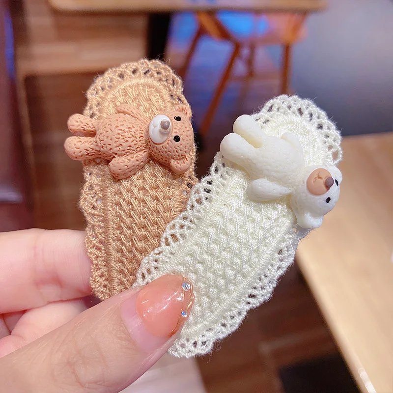 2PCS Cute Bear Hairpin Hand Knitted Hairpin Hairpin Cartoon Baby Girl Korean Style Hairpin Bb Clip Girl Hair Accessories