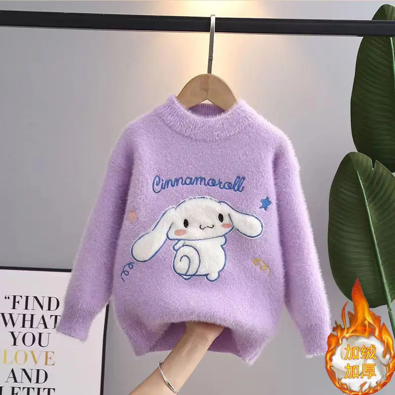 Sanrio Kuromi Cinnamoroll Knitted Sweater Round Neck Bottom Sweater Western Style Autumn/Winter Children Pullover Plush Kawaii