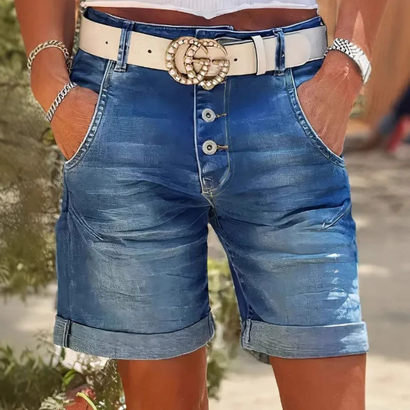 

Summer Women's Elastic High-Waisted Jeans Shorts Retro Button Denim Rolled Hem Mid-Length Pants