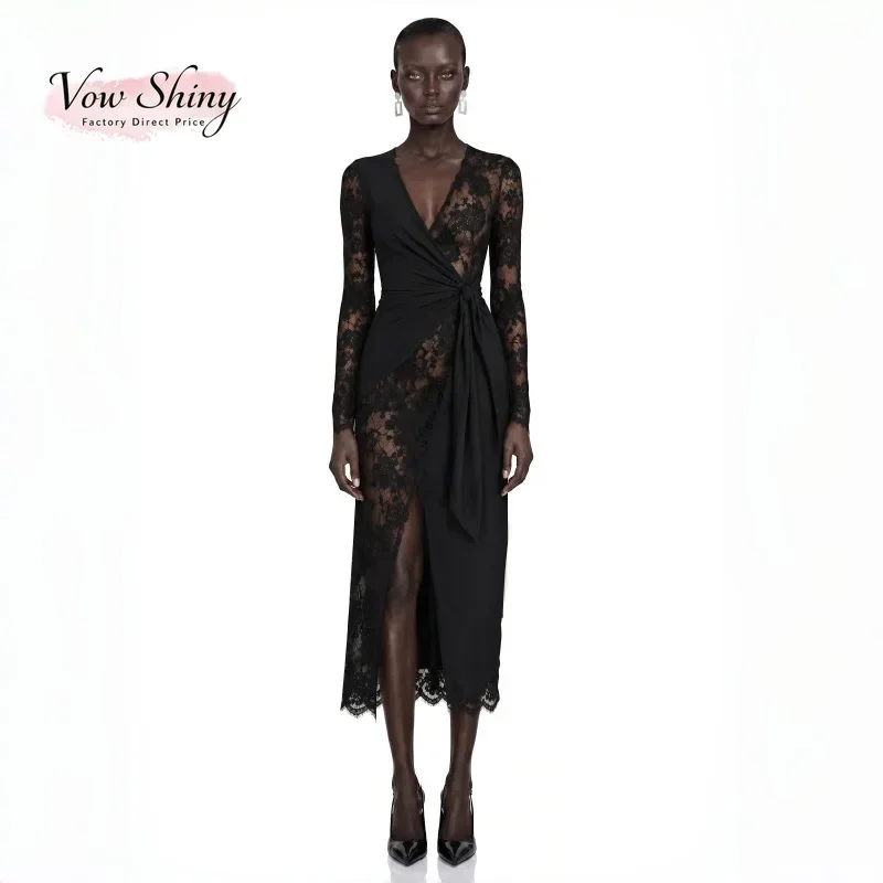 Vow Shiny Chic Black Lace  V Neck Long Sleeve Evening Gown Dress Wrap Knot Waist Side Slit Midi Birthday Party Dress Customized