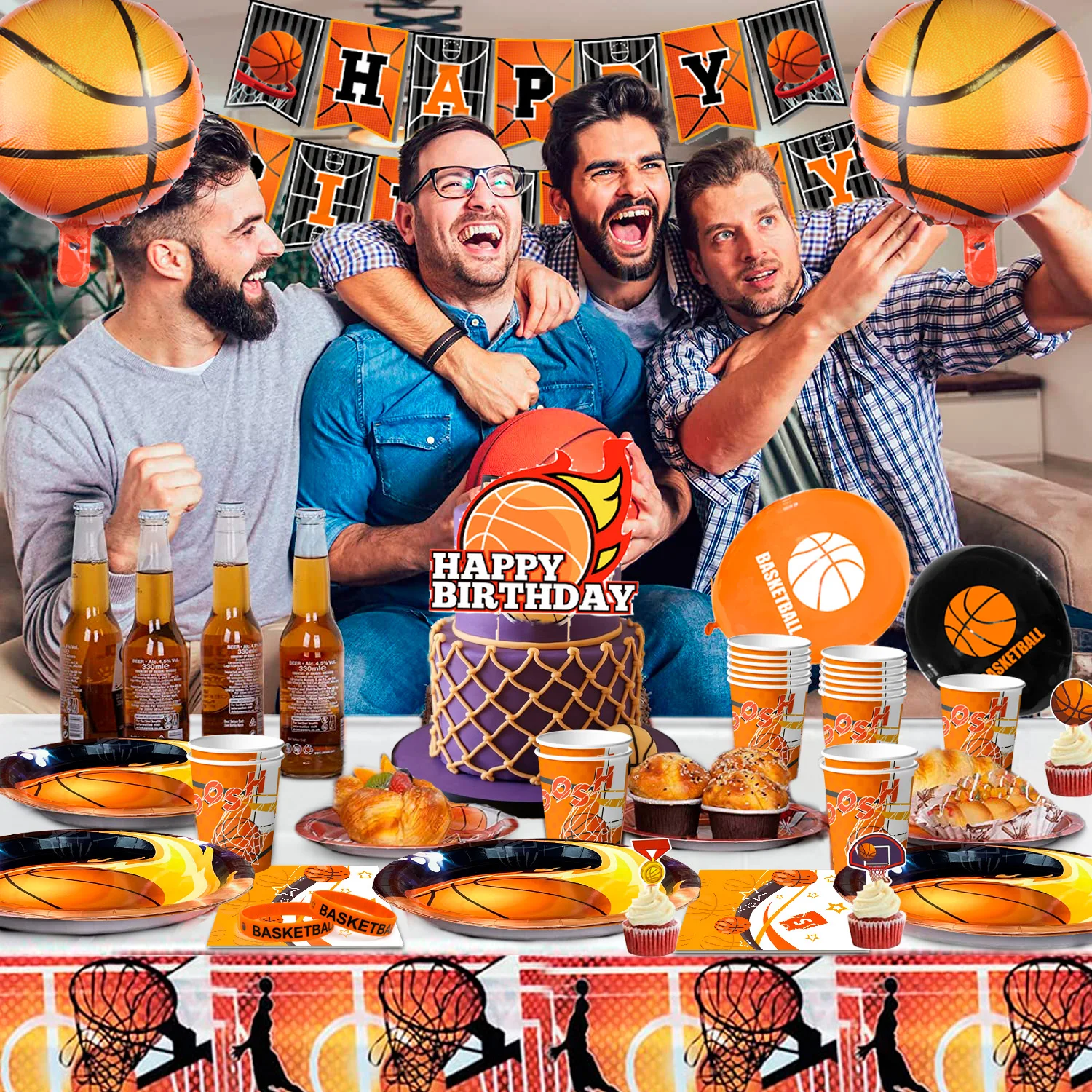 Basketbal verjaardagsdecoraties, 98 stuks basketbal feestartikelen en decoraties set - ballonnen banner tafelkleed platen ect