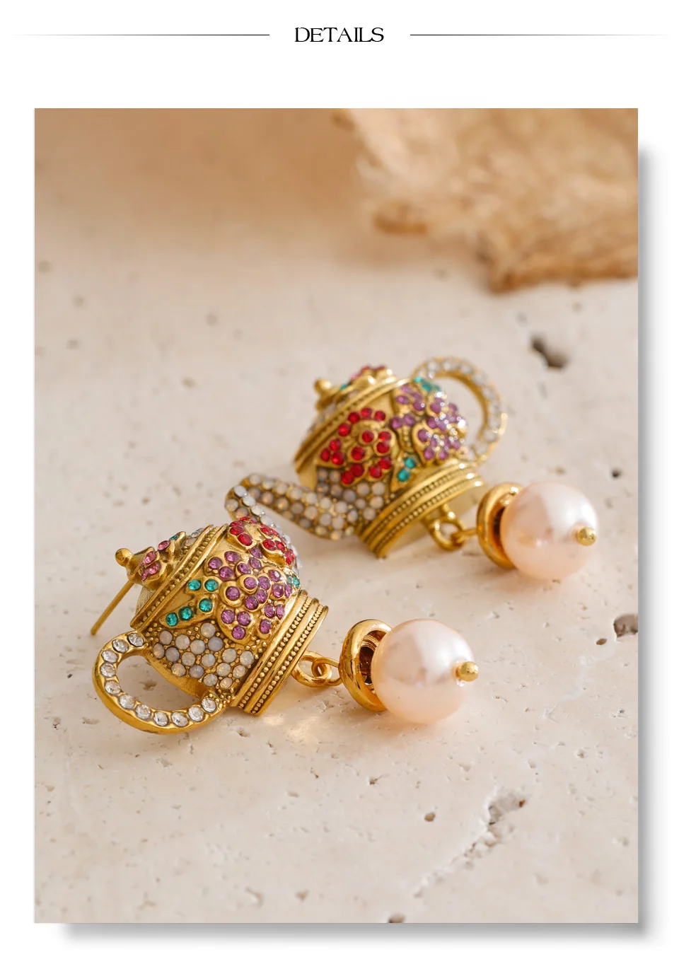 Yhpup Bunte Strass-Ohrringe mit simulierten Perlen, Teekanne-Design, goldfarben, Vintage-Mode, Ohrschmuck, Accessoires – Detail 7