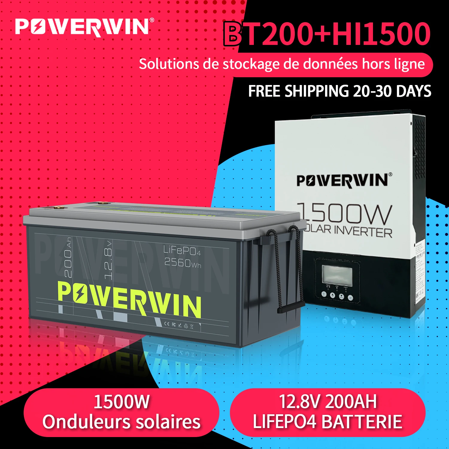 

POWERWIN BT200 LifePO4 12V 200Ah/2560Wh HI1500 Hybrid Solar 1500W 12V 80A MPPT Off-grid LCD Battery 12V Pure Sine Wave