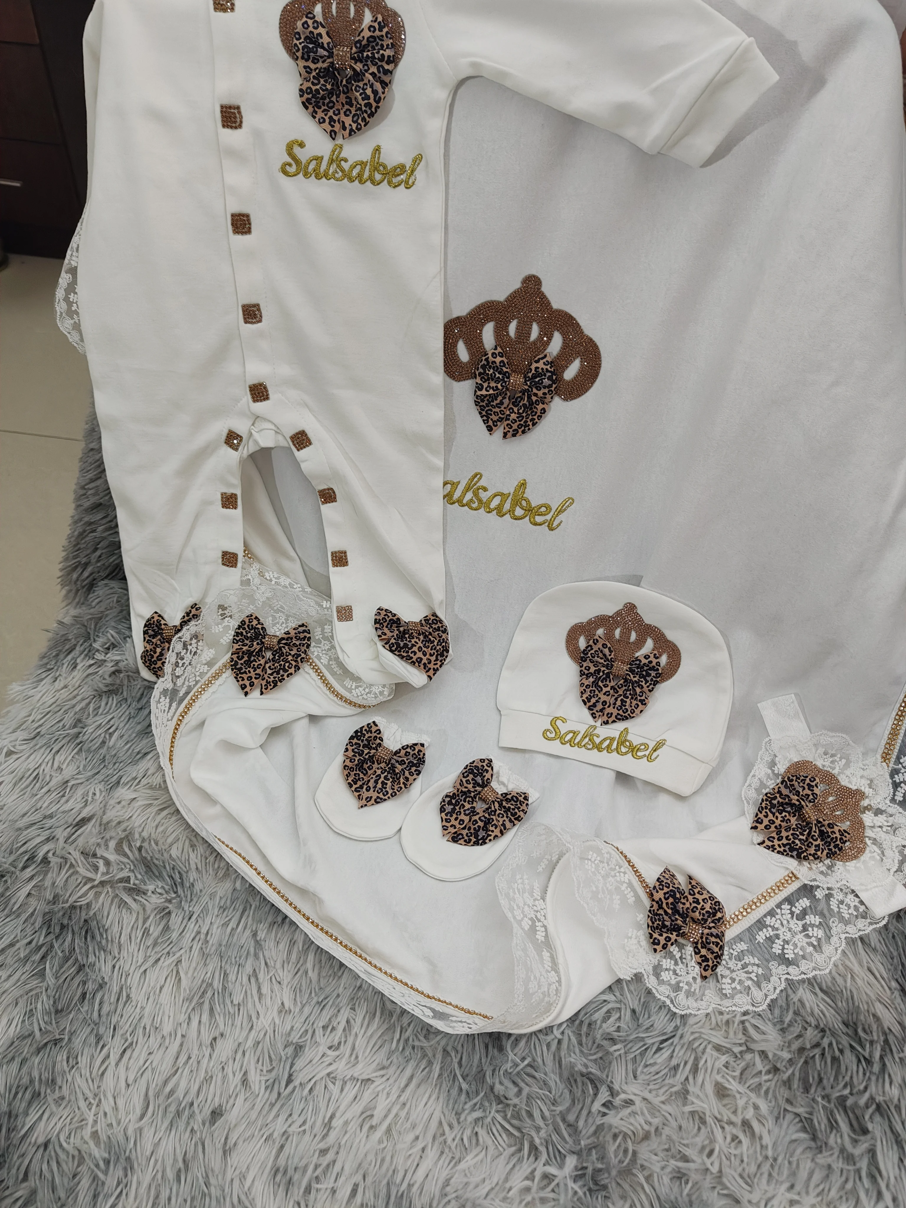 Baby Girl 5Pcs Footed Romper Set - Cream Leopard Gold Crown Sweet Cool Luxury Newborn Jumpsuit Outfit