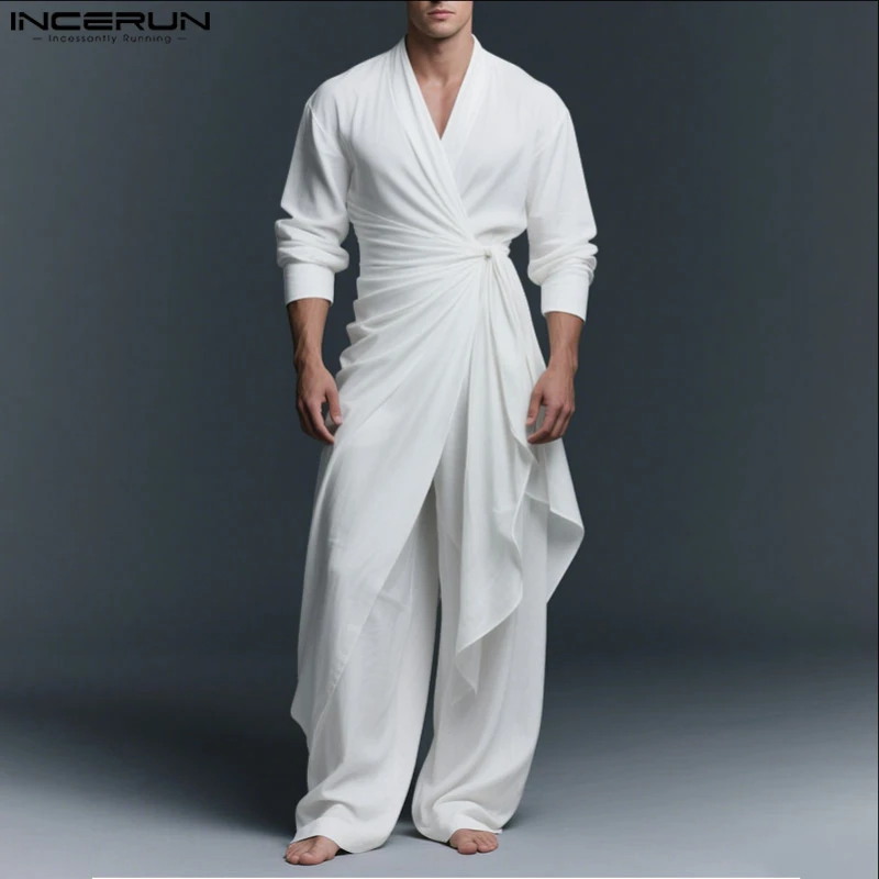 INCERUN Männer Sets Solide V-ausschnitt Langarm Lange Stil Hemd & Hosen Zwei Stücke Sets Streetwear Lose Vintage Casual männer anzug