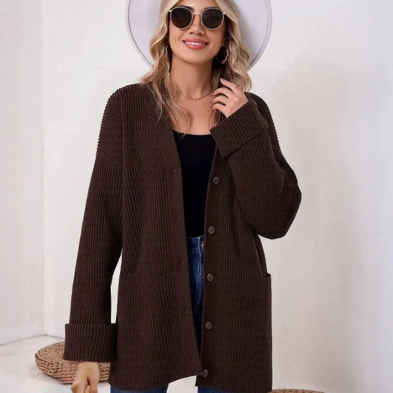

Autumn Women V-neck Cardigan Sweater Casual Solid Color Loose Button Knitted Korean Style Elegant Women's Clothing