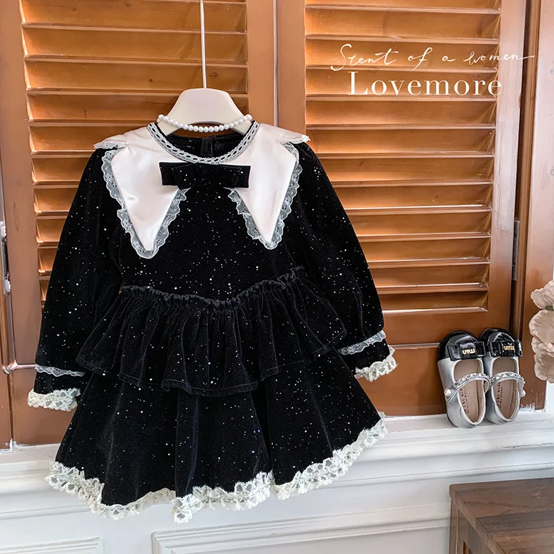 

Girls' Autumn and Winter Red New Style Shiny Velvet Korean Thickened Fleece-lined New Year Princess Dress
