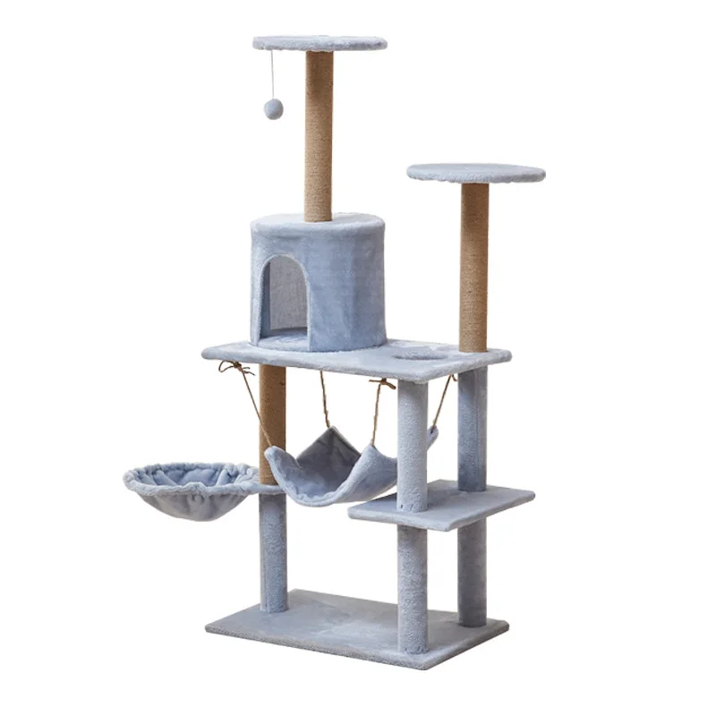 Cat Tree Multi-Level, Stable Non-Tipping, Light Blue, Teasing Ball, Durable Scratch-Resistant, Plush Cat Climbing Furniture