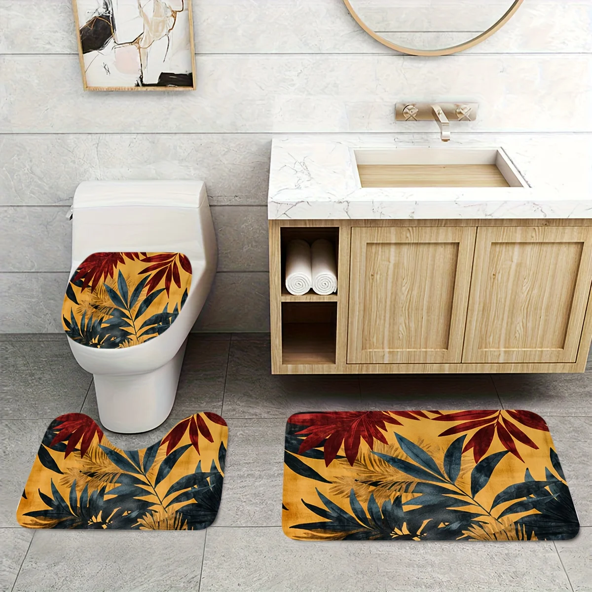 

3pcs Tropical Leaf Design Printed Bathroom Mat Set, Toilet Lid Cover, U-Shaped Toilet Pad, Soft Surface Flannel Material, Washro