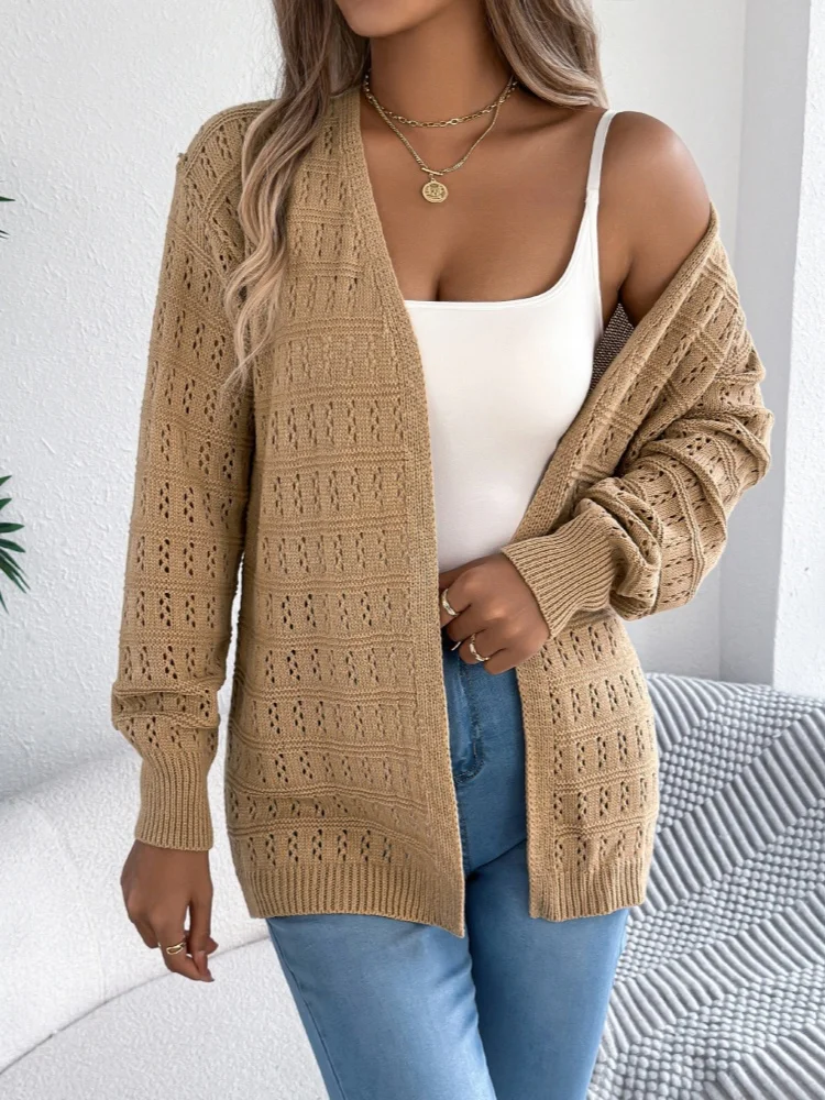

for Women Fashion Casual Cardigan Sweaters Autumn Winter Mid-length Jacket Tops Solid Color Hollow Lantern Long Sleeve Sweater