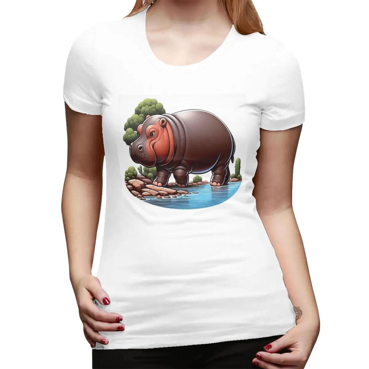 Camiseta A Pygmy Hipopotamus Strolling By The River para mujer, ropa de calle con cuello redondo, camisetas de manga corta para mujer, Tops