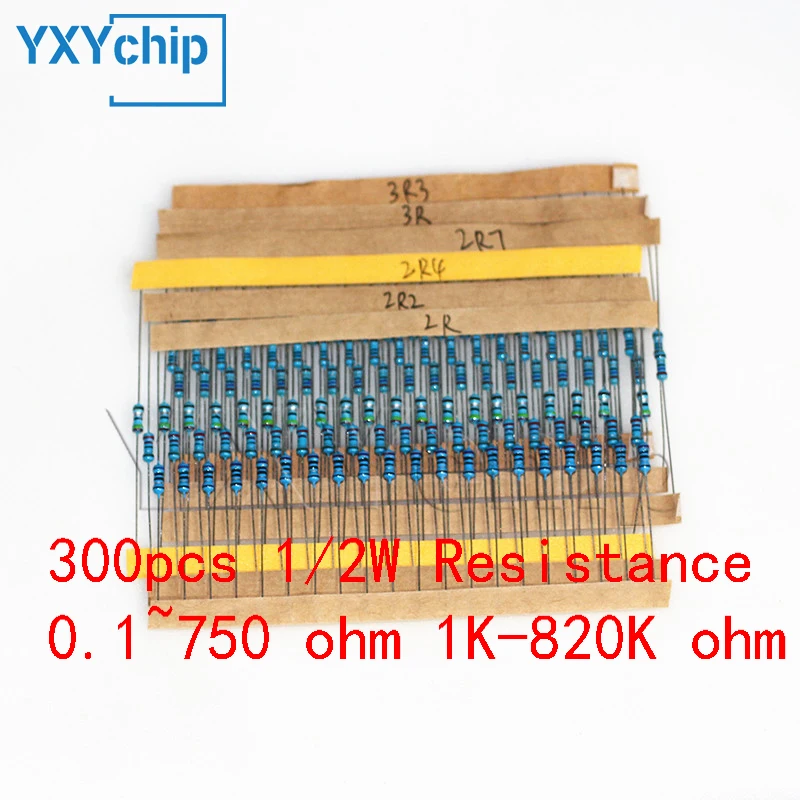 300pcs Resistor Kit 1/2W 1% 30values X 10pcs Metal Film Resistance 0.1~750 ohm 1K-820K ohm 0.5W Assorted Set