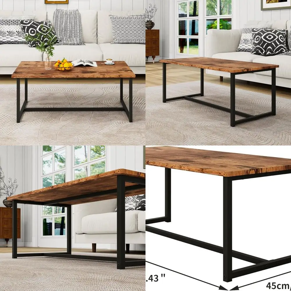 

Rectangular Living Room Coffee Table with Metal Frame, Easy Assembly, Black & Rustic Brown Wood Finish