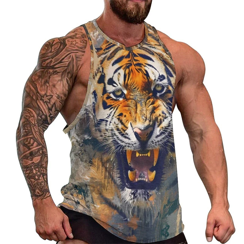 Summer Animal Tiger 3D Print Tank Tops Men's Casual Streetwear Fashion Oversized Sleeveless Tank Top Gym Male Vest Man Clothing
