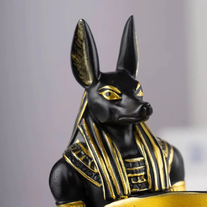 1Pcs Anubis Statue with Bowl Egyptian Sculpture Desktop Entrance Decoration Key Candy Box Resin