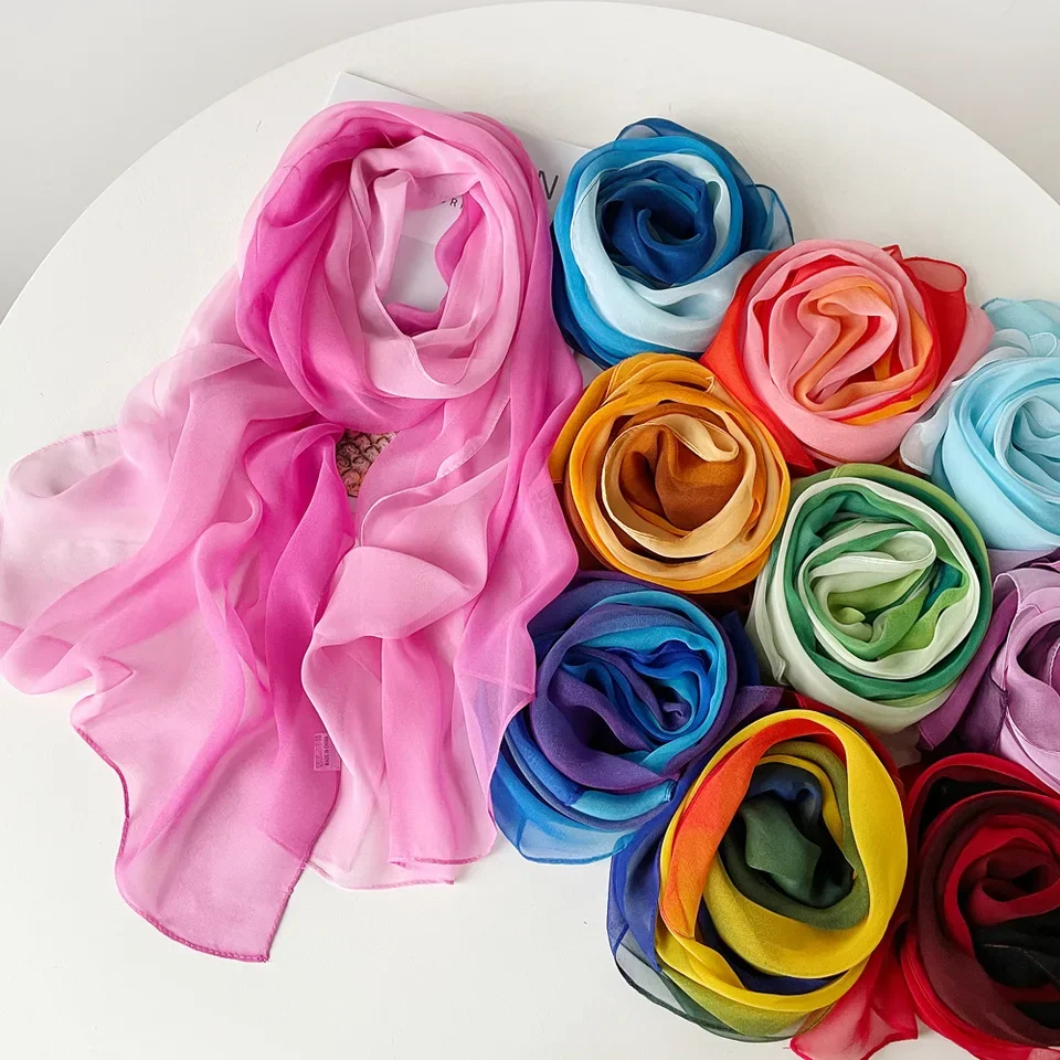 

2025 Spring New Pearl Chiffon Color Silk Scarf Shawl for Women Bright Gradient Color Scarf Shawl and Wrap