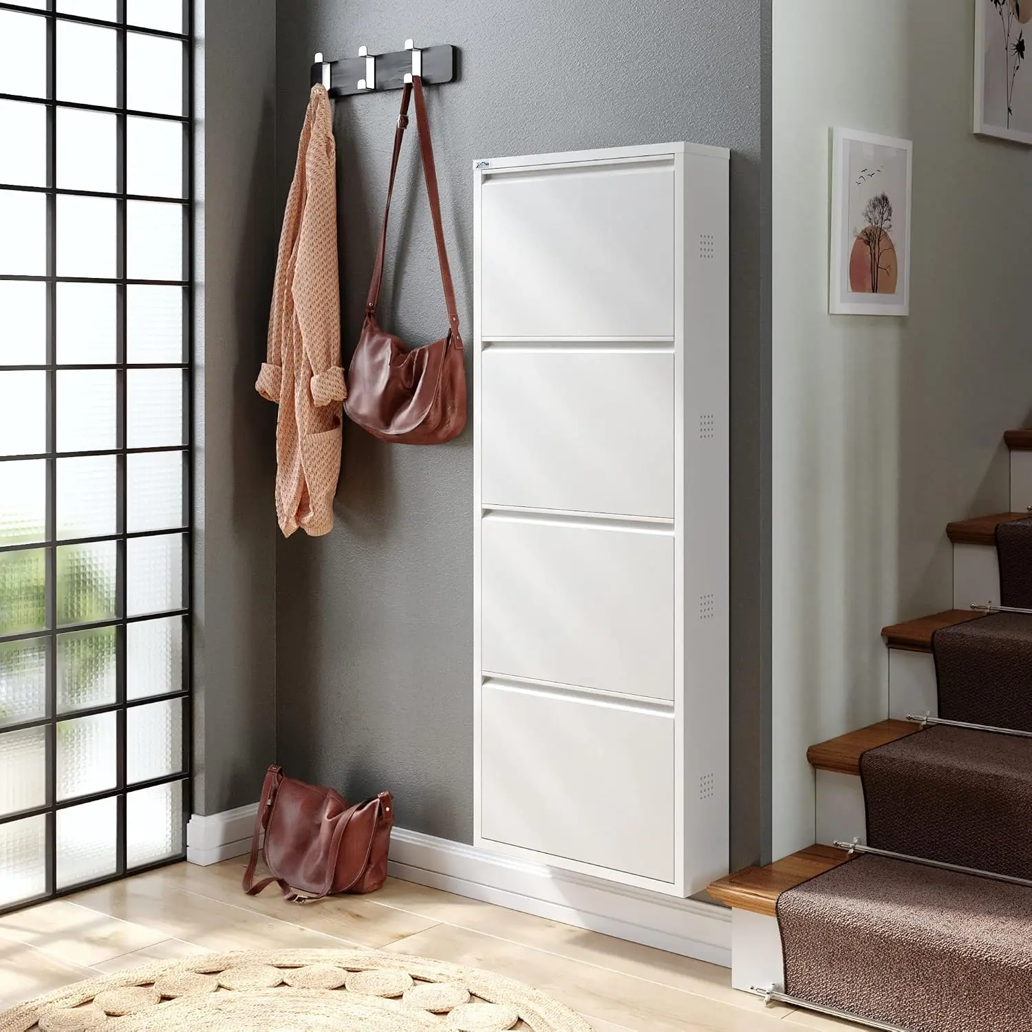 Metal Shoe Cabinet 4-Tier with Cover, Storage Organizer for Entryway, Space Saving Shelf with Ventilation,  Customized