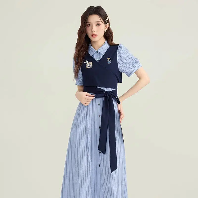 MAGOGO الصيف الفرنسية كلية نمط مخطط قميص فستان المرأة السببية Kawaii التطريز وهمية قطعتين المرقعة فستان طويل نحيف