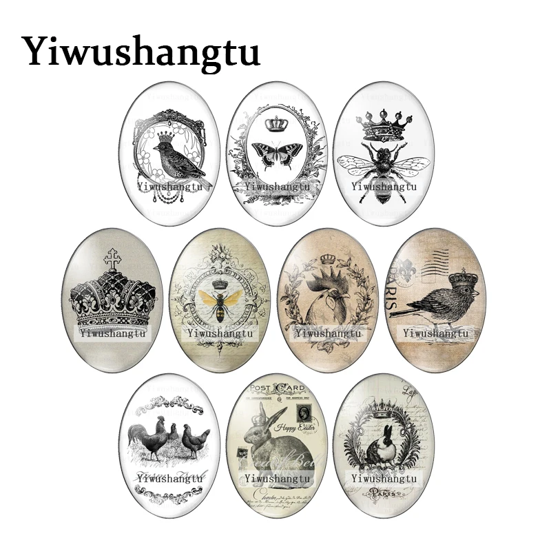 

Vintage cute rabbit bird bee animals painting 13x18mm/18x25mm/30x40mm Oval photo glass cabochon demo flat back Making findings