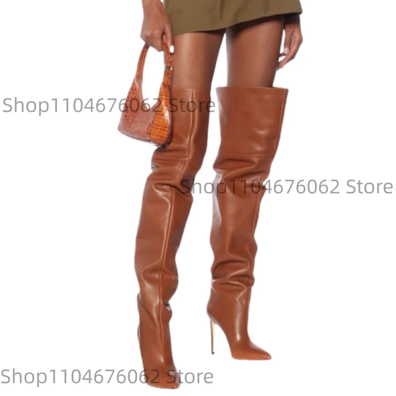 Фото Женские сапоги выше колена из верблюжьей кожи на шпильке, элегантные роскошные офисные туфли на высоком каблуке с острым носком, классические повседневные женские туфли