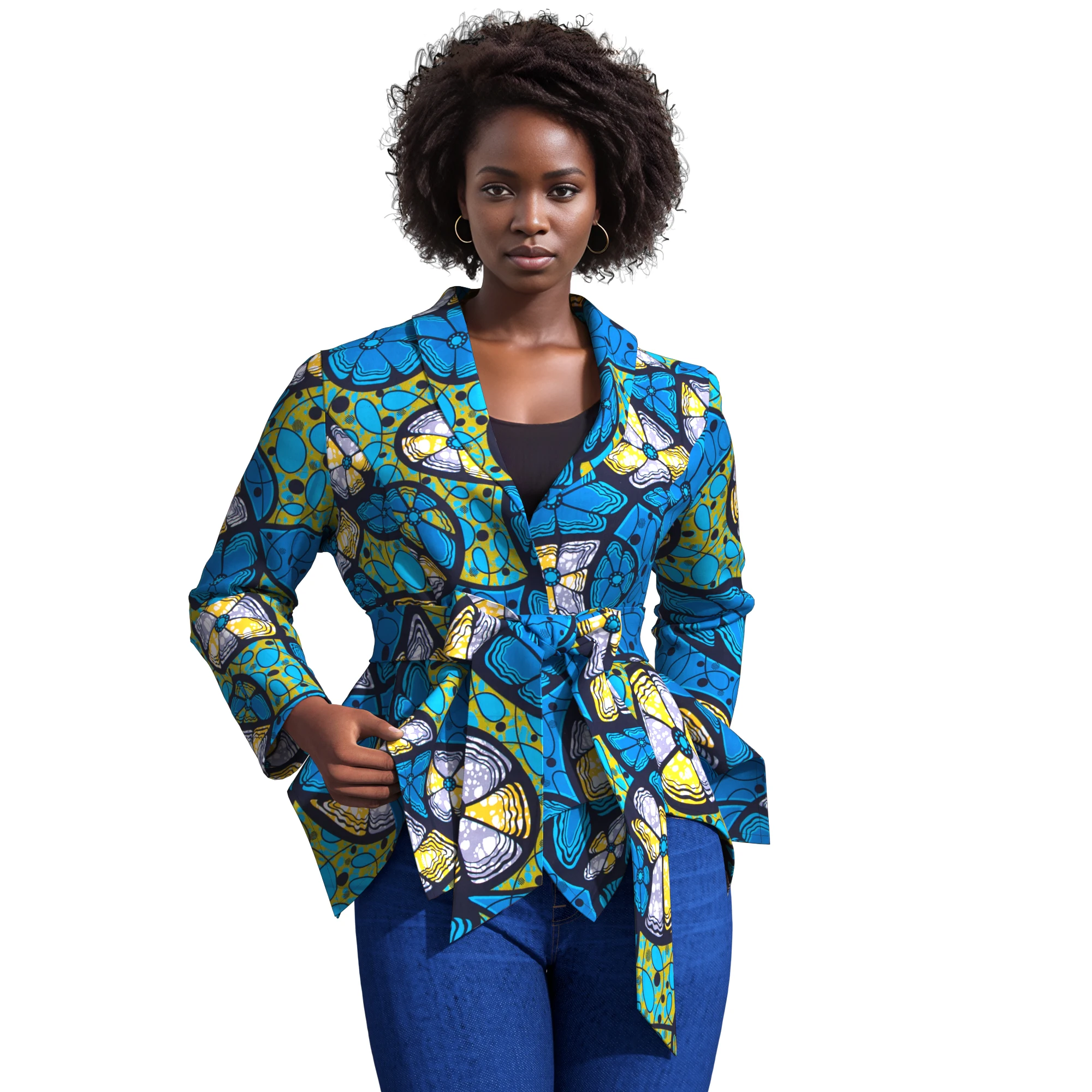 

African Wax Print Women's Blouse with Belt Long Sleeve Asymmetrical Hem Top for Office Formal And Elegant Batik Shirts WY11129