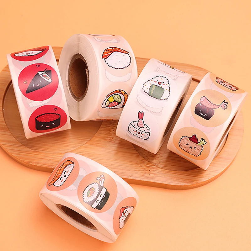 1Roll 2.5cm/1inch Circular Cartoon Sushi Pattern Sticker Birthday Wedding Decor Sticker Baked Dessert Lunch Box Label Sticker