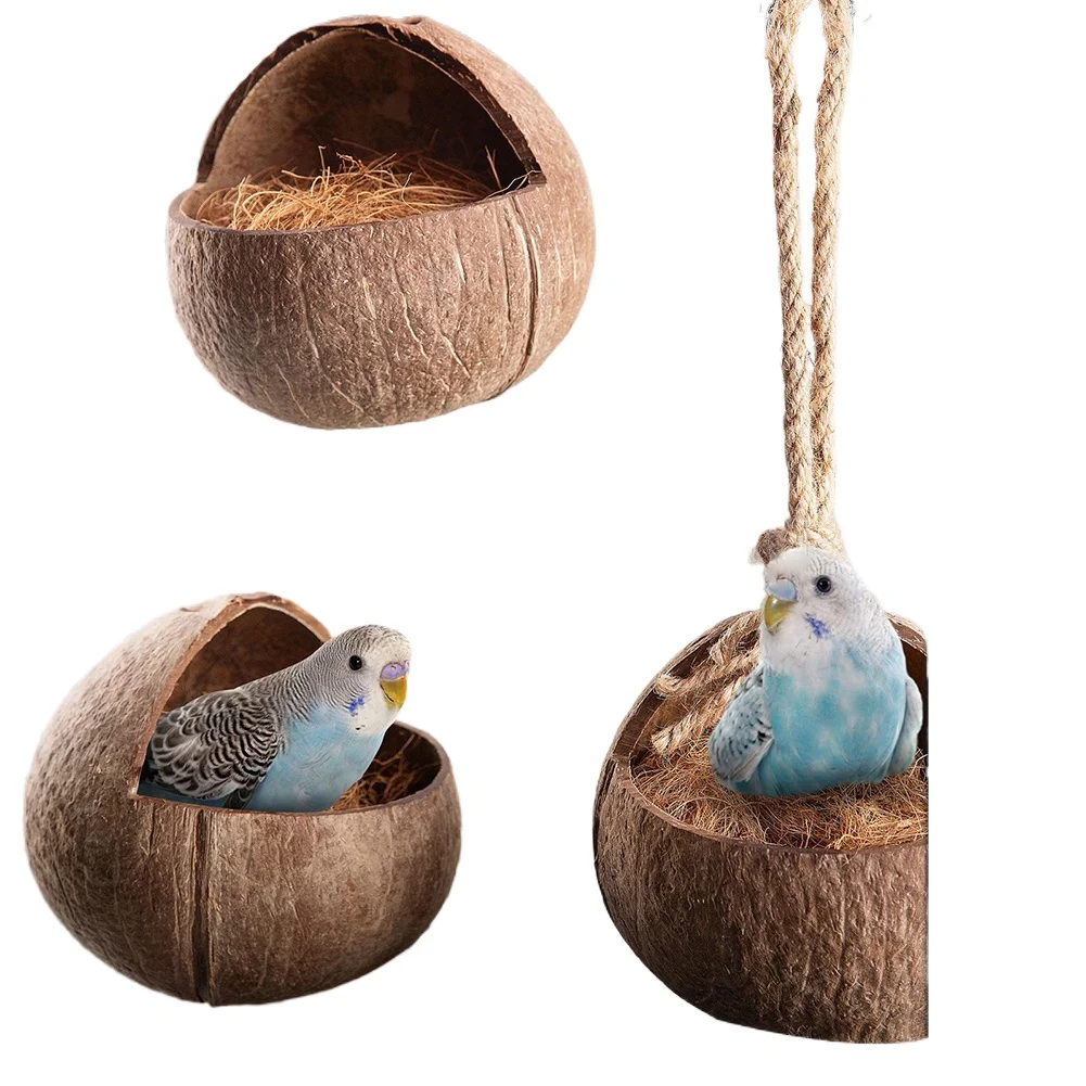 

Coconut Shell Bird House Hanging Birdhouse Cage Habitats Hide Nest Shelter For Hamster Sugar Glider Parrot Bird Supplies