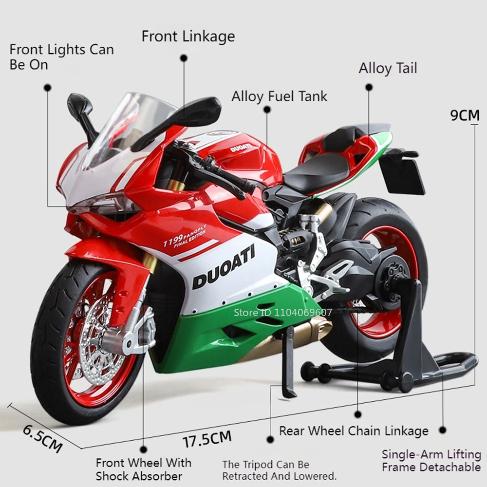 Maßstab 1:12 1199 Motorrad-Spielzeug-Modellautos, Legierung, Druckguss, Stoßdämpfung, Ton, Licht, Kettengestänge, Simulationsmotoren für Jungen – Detail 14