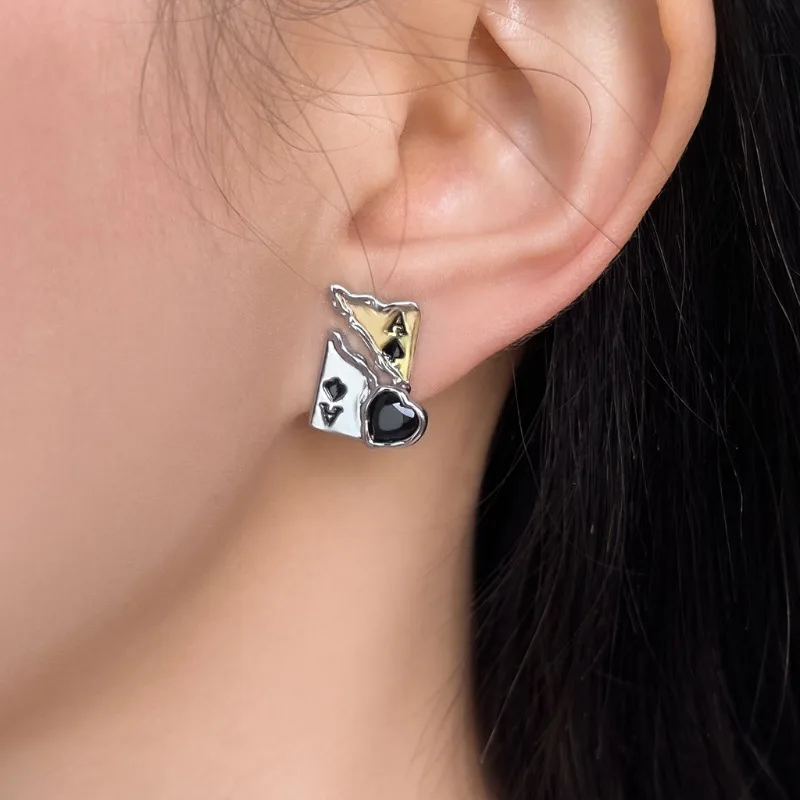Ace of Spades Distressed Earrings Two-Tone Playing Card Heart Zircon Studs Cold Style Women's Ear Clips