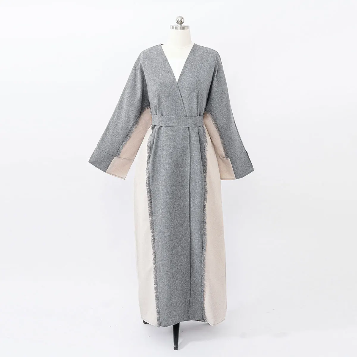 UAE Style Patchwork Muslim Abaya Belted Waist Functional Pockets Ideal for Dubai Inspired Modest Fashion Daily Social Occasions