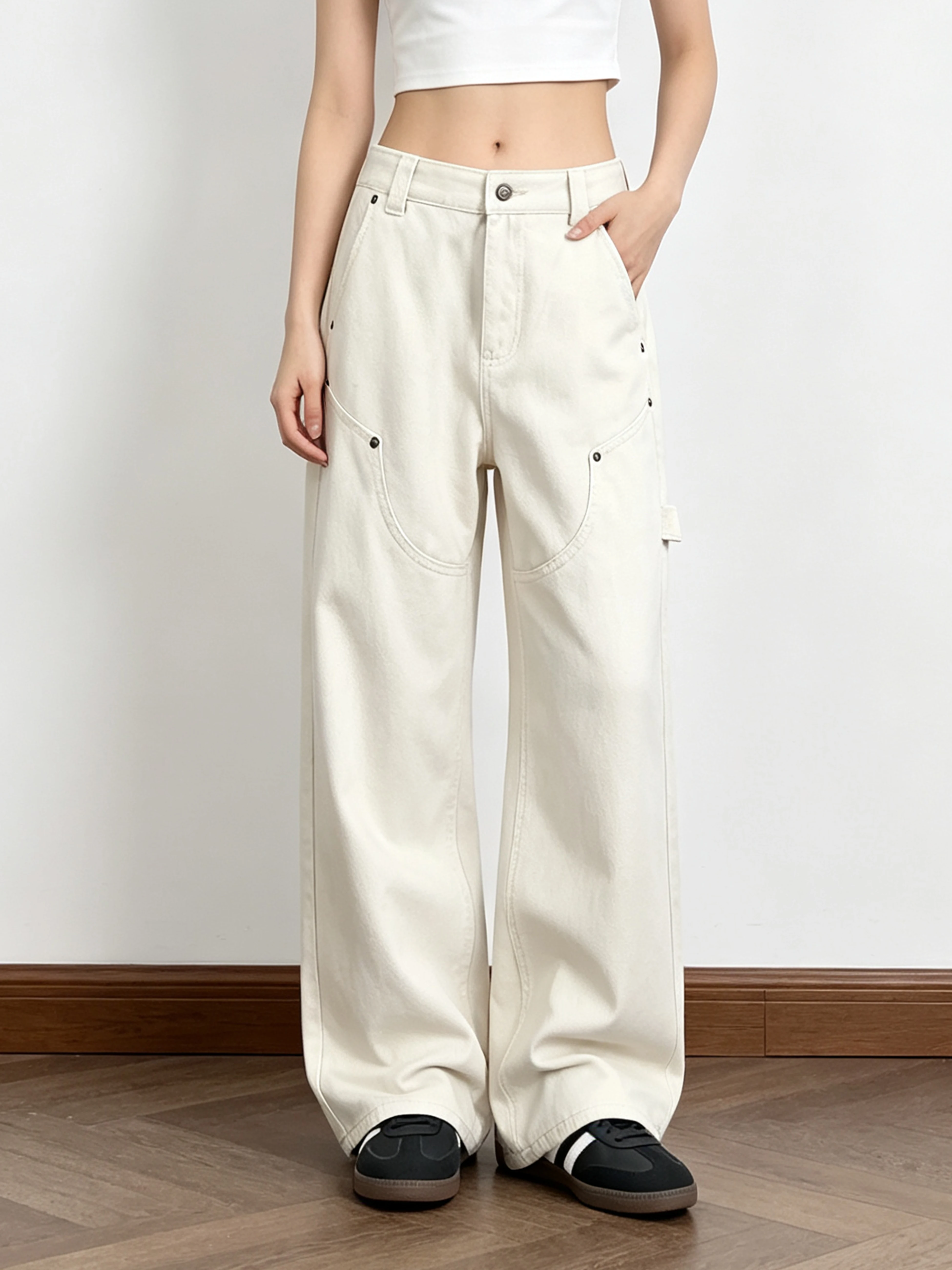 Small Ball Straight Leg Utility Pants Women's Wide Leg High Street Neutral Style Casual Long Trousers Asymmetric Cotton